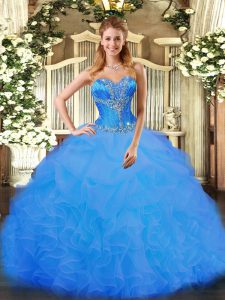 Sweetheart Sleeveless Ball Gown Prom Dress Floor Length Beading and Ruffles Blue Organza