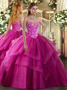 Lovely Fuchsia Sleeveless Tulle Lace Up Quince Ball Gowns for Military Ball and Sweet 16 and Quinceanera