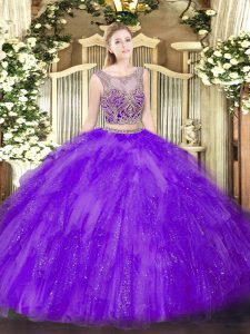 Tulle Scoop Sleeveless Lace Up Beading and Ruffles Vestidos de Quinceanera in Lavender