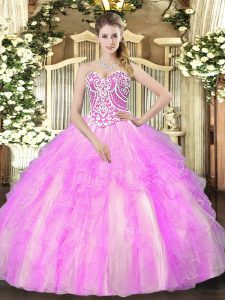 Tulle Sweetheart Sleeveless Lace Up Beading and Ruffles Ball Gown Prom Dress in Lilac