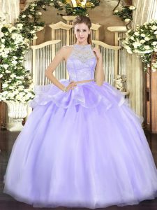 Lavender Two Pieces Tulle Scoop Sleeveless Lace Floor Length Zipper 15th Birthday Dress