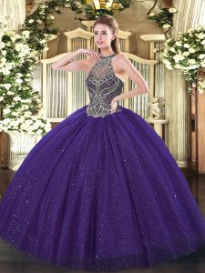 Purple Ball Gowns Beading Sweet 16 Quinceanera Dress Lace Up Tulle Sleeveless Floor Length