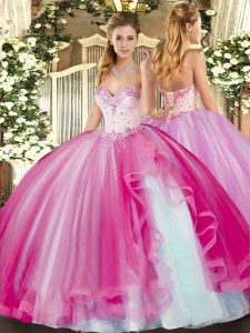 Ball Gowns 15 Quinceanera Dress Fuchsia Sweetheart Tulle Sleeveless Floor Length Lace Up