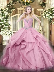 Pink 15 Quinceanera Dress Military Ball and Sweet 16 and Quinceanera with Beading and Ruffles Sweetheart Sleeveless Lace