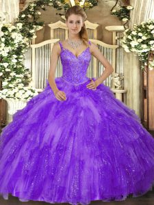 Fitting Floor Length Lavender Ball Gown Prom Dress V-neck Sleeveless Lace Up