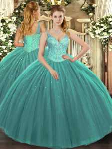 Luxurious Turquoise Ball Gowns V-neck Sleeveless Tulle Floor Length Lace Up Beading Quince Ball Gowns