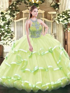 Clearance Sleeveless Floor Length Beading and Ruffled Layers Lace Up Quinceanera Gown with Yellow Green