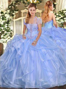 Deluxe Strapless Sleeveless Lace Up Sweet 16 Dresses Light Blue Organza