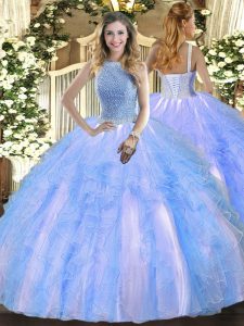 Ball Gowns Quinceanera Dresses Baby Blue High-neck Tulle Sleeveless Floor Length Lace Up