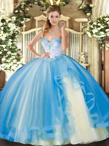 Perfect Baby Blue Sleeveless Tulle Lace Up Quinceanera Dress for Military Ball and Sweet 16 and Quinceanera