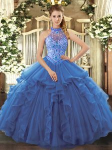 Inexpensive Blue Lace Up Halter Top Beading and Embroidery and Ruffles Vestidos de Quinceanera Organza Sleeveless