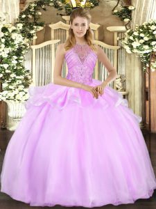 Lilac Halter Top Neckline Beading Quinceanera Dresses Sleeveless Lace Up