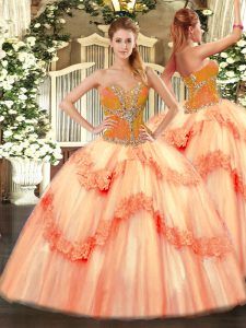 Fancy Peach Vestidos de Quinceanera Sweet 16 and Quinceanera with Beading Sweetheart Sleeveless Lace Up