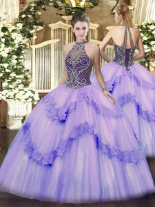 Lavender Tulle Lace Up 15th Birthday Dress Sleeveless Floor Length Beading and Appliques