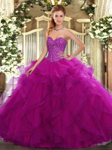 Eye-catching Tulle Sweetheart Sleeveless Lace Up Beading and Ruffles 15 Quinceanera Dress in Fuchsia