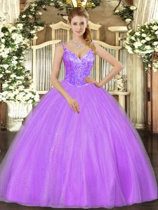 Captivating V-neck Sleeveless Lace Up Quinceanera Gowns Lavender Tulle