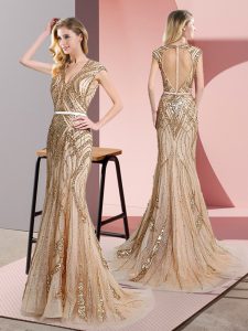 Sleeveless Tulle Floor Length Zipper Evening Dress in Champagne with Beading and Belt