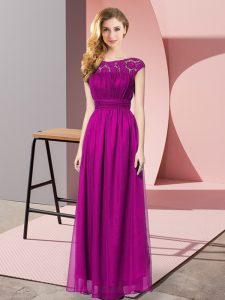 Traditional Fuchsia Empire Scoop Sleeveless Tulle Floor Length Zipper Lace Prom Party Dress