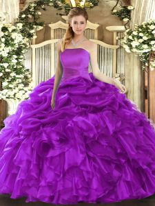 Purple Strapless Lace Up Ruffles and Pick Ups 15th Birthday Dress Sleeveless