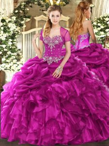 Cute Ball Gowns Sweet 16 Quinceanera Dress Fuchsia Sweetheart Organza Sleeveless Floor Length Lace Up