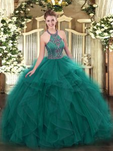 Stylish Ball Gowns Ball Gown Prom Dress Teal Halter Top Tulle Sleeveless Floor Length Lace Up