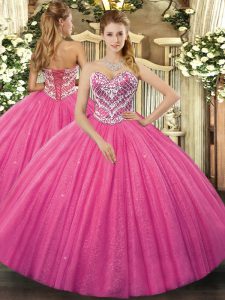 Sweetheart Sleeveless Lace Up Quinceanera Gown Hot Pink Tulle