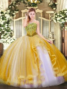 Nice Gold Sleeveless Tulle Lace Up Sweet 16 Dresses for Military Ball and Sweet 16 and Quinceanera