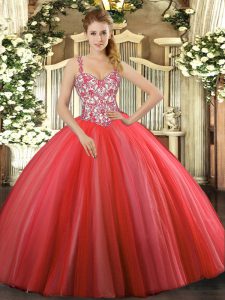 Floor Length Coral Red Quinceanera Dresses Tulle Sleeveless Beading and Appliques