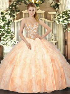 Sexy Peach Ball Gowns Straps Sleeveless Organza Floor Length Lace Up Beading and Ruffles Ball Gown Prom Dress