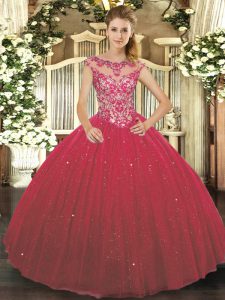 Delicate Cap Sleeves Tulle Floor Length Lace Up Sweet 16 Dress in Wine Red with Beading and Appliques