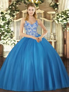 Admirable Blue 15 Quinceanera Dress Sweet 16 and Quinceanera with Beading and Appliques Straps Sleeveless Lace Up