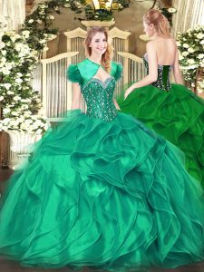 Custom Fit Turquoise Organza Lace Up 15 Quinceanera Dress Sleeveless Floor Length Beading and Ruffles