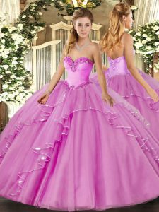 Lilac Tulle Lace Up Sweet 16 Dresses Sleeveless Floor Length Beading and Ruffles