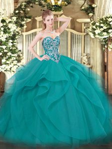 High Quality Floor Length Ball Gowns Sleeveless Teal Ball Gown Prom Dress Lace Up