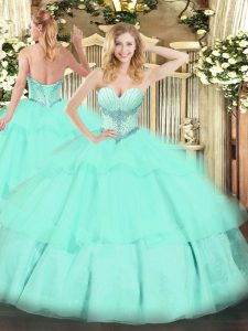 High End Floor Length Lace Up Sweet 16 Dress Apple Green for Military Ball and Sweet 16 and Quinceanera with Beading and