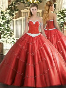 Traditional Appliques Sweet 16 Dress Coral Red Lace Up Sleeveless Floor Length