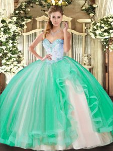 Turquoise Tulle Lace Up Sweetheart Sleeveless Floor Length Sweet 16 Quinceanera Dress Beading and Ruffles