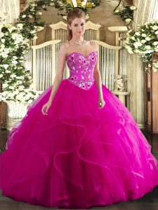 Sweetheart Sleeveless Tulle Sweet 16 Quinceanera Dress Embroidery and Ruffles Lace Up