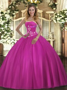 Ball Gowns Quinceanera Gown Fuchsia Strapless Tulle Sleeveless Floor Length Lace Up