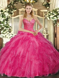 Wonderful Hot Pink Tulle Lace Up Quinceanera Gown Sleeveless Floor Length Beading and Ruffles