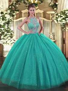 Hot Sale Floor Length Ball Gowns Sleeveless Turquoise Quinceanera Gown Lace Up