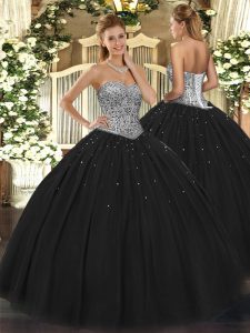 Black Sweetheart Lace Up Beading Quince Ball Gowns Sleeveless