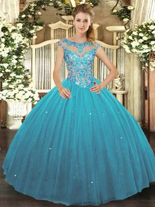 Most Popular Teal Sleeveless Floor Length Beading Lace Up Sweet 16 Quinceanera Dress