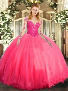 Fancy Coral Red Tulle Lace Up Scoop Long Sleeves Floor Length Sweet 16 Dress Lace