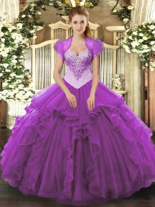 Hot Selling Sleeveless Floor Length Beading Lace Up Vestidos de Quinceanera with Eggplant Purple