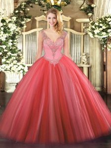 Glorious Floor Length Coral Red Vestidos de Quinceanera V-neck Sleeveless Lace Up