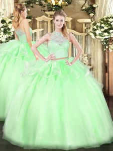Scoop Sleeveless Tulle Quinceanera Gowns Lace Zipper