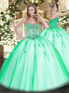 Sleeveless Floor Length Beading and Appliques Lace Up Sweet 16 Dress with Apple Green