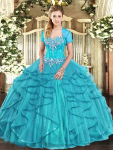 Discount Aqua Blue Sleeveless Tulle Lace Up Quinceanera Gowns for Military Ball and Sweet 16 and Quinceanera