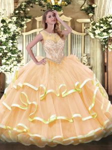 Beauteous Peach Ball Gowns Scoop Sleeveless Organza Floor Length Zipper Beading and Ruffled Layers Quinceanera Gown